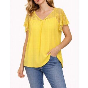 City Chic Women's Yellow Sheer Lace Cap Sleeves V-Neck Blouse Size XL